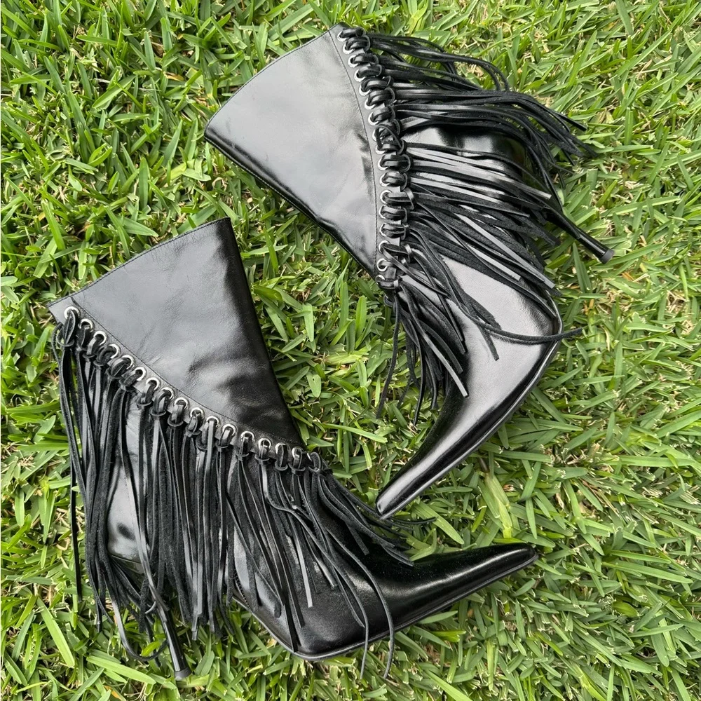 Jeffrey Campbell Fringe Black Women's Heeled Boots - Picture 2 of 16